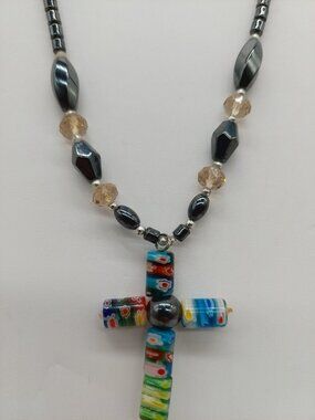 Hematite Beads Millefiori Art Glass Cross Pendant Necklace Choker Plastic Beads